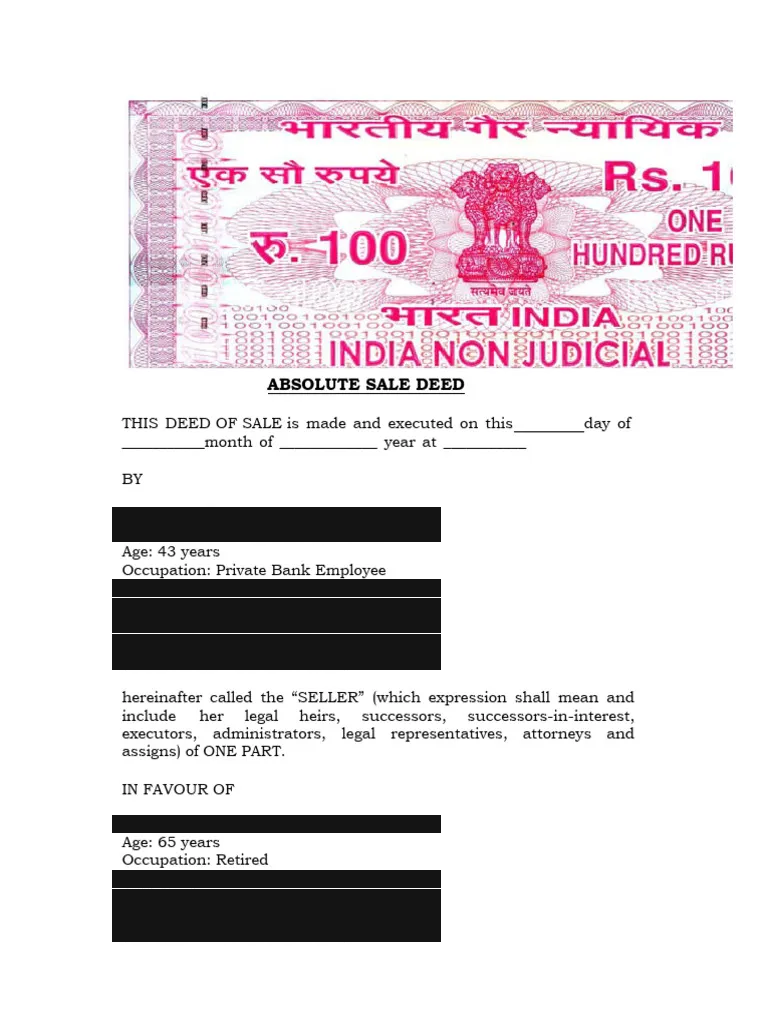 sdv-before. Annotated: Rs 100 non-judicial stamp paper; Execution date left blank; Seller: name, age, occupation, address, ID; Buyer: read the same way.