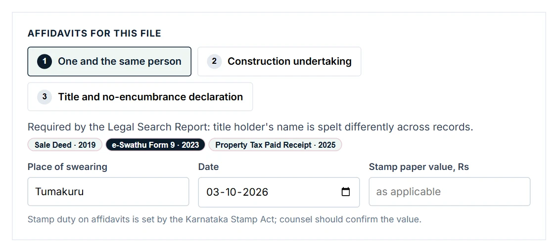 aff-panel. Annotated: Three affidavits, chosen by the findings; Why each one is needed, linked to its source; Place, date and stamp value are the only inputs.