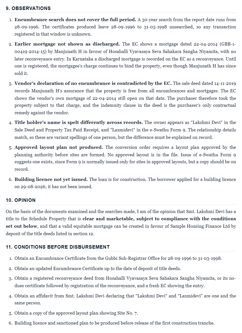 lsr-observations. Annotated: Each issue found, in plain words; Opinion on title follows from the findings; Conditions that feed the MODTD and affidavits.